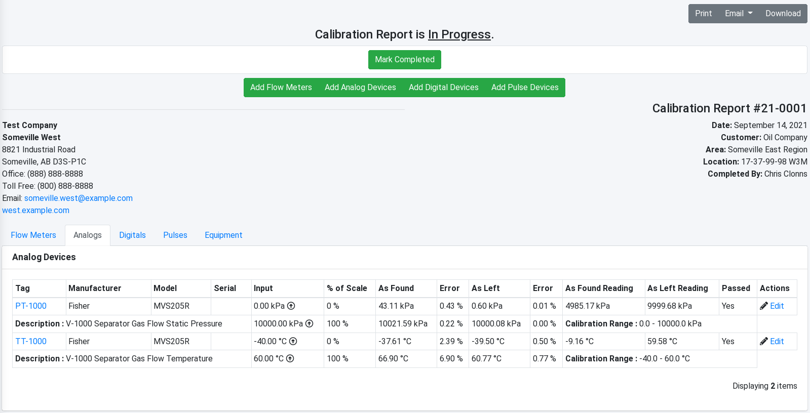 Calibration Report Details